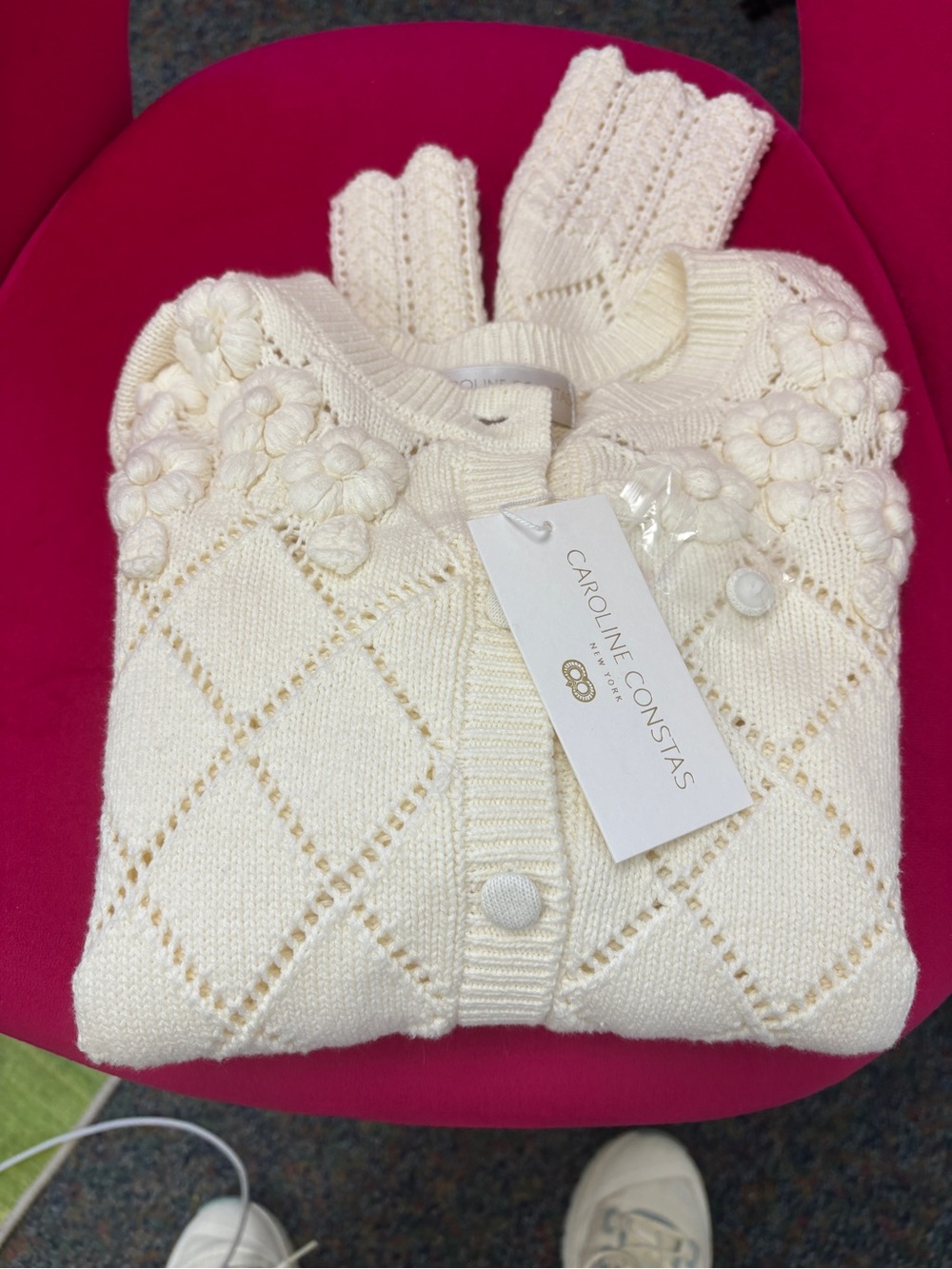 New Caroline Constas Cream Floral Knit Button-Up Women's Sweater Cardigan small - Picture 7 of 15